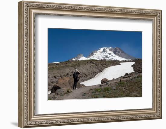 Lady hiker near a glacier on Mount Hood, part of the Cascade Range, Pacific Northwest region, Orego-Martin Child-Framed Photographic Print