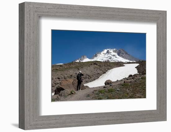 Lady hiker near a glacier on Mount Hood, part of the Cascade Range, Pacific Northwest region, Orego-Martin Child-Framed Photographic Print