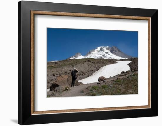 Lady hiker near a glacier on Mount Hood, part of the Cascade Range, Pacific Northwest region, Orego-Martin Child-Framed Photographic Print