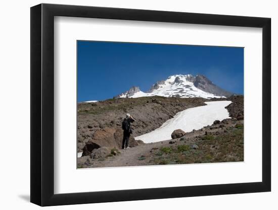 Lady hiker near a glacier on Mount Hood, part of the Cascade Range, Pacific Northwest region, Orego-Martin Child-Framed Photographic Print