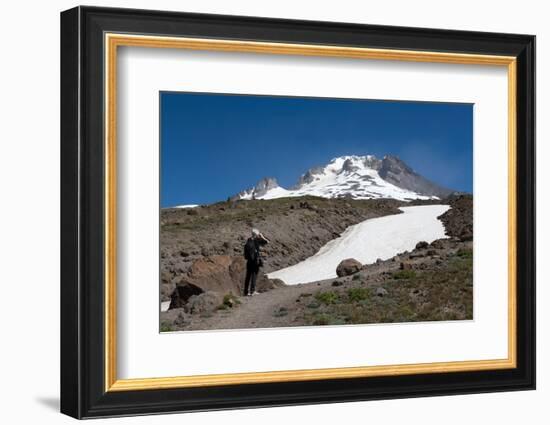Lady hiker near a glacier on Mount Hood, part of the Cascade Range, Pacific Northwest region, Orego-Martin Child-Framed Photographic Print