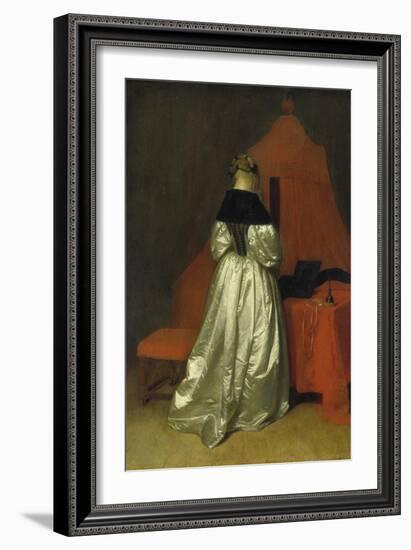 Lady in a Golden Dress in Front of a Bed with Red Curtains, C. 1655-Gerard ter Borch-Framed Giclee Print