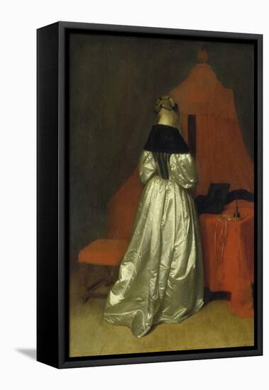 Lady in a Golden Dress in Front of a Bed with Red Curtains, C. 1655-Gerard ter Borch-Framed Premier Image Canvas