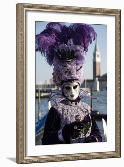 Lady in Black and Purple Mask and Feathered Hat, Venice Carnival, Venice, Veneto, Italy-James Emmerson-Framed Photographic Print