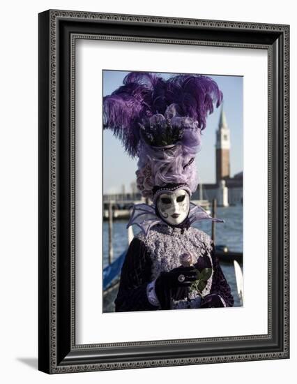 Lady in Black and Purple Mask and Feathered Hat, Venice Carnival, Venice, Veneto, Italy-James Emmerson-Framed Photographic Print