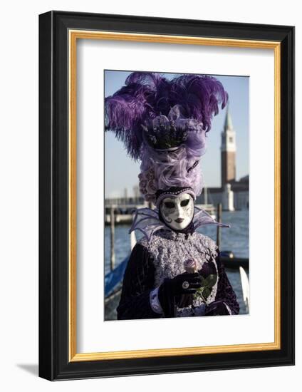 Lady in Black and Purple Mask and Feathered Hat, Venice Carnival, Venice, Veneto, Italy-James Emmerson-Framed Photographic Print