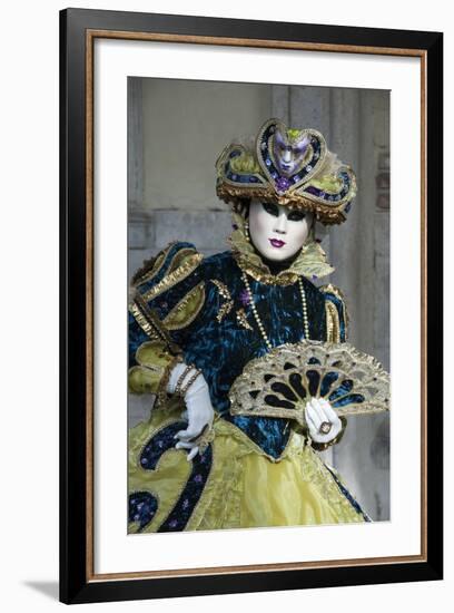 Lady in Blue and Gold, with Fan, Venice Carnival, Venice, Veneto, Italy, Europe-James Emmerson-Framed Photographic Print