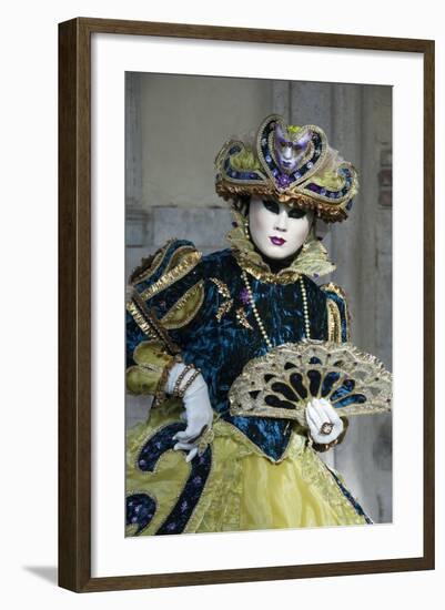 Lady in Blue and Gold, with Fan, Venice Carnival, Venice, Veneto, Italy, Europe-James Emmerson-Framed Photographic Print