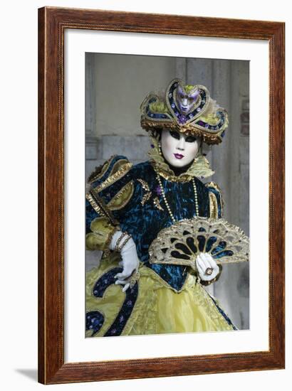 Lady in Blue and Gold, with Fan, Venice Carnival, Venice, Veneto, Italy, Europe-James Emmerson-Framed Photographic Print