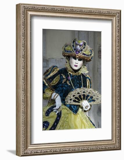 Lady in Blue and Gold, with Fan, Venice Carnival, Venice, Veneto, Italy, Europe-James Emmerson-Framed Photographic Print