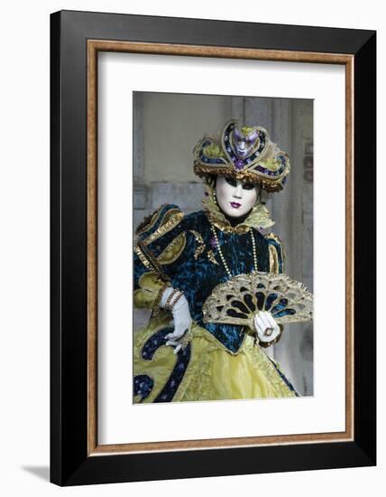 Lady in Blue and Gold, with Fan, Venice Carnival, Venice, Veneto, Italy, Europe-James Emmerson-Framed Photographic Print