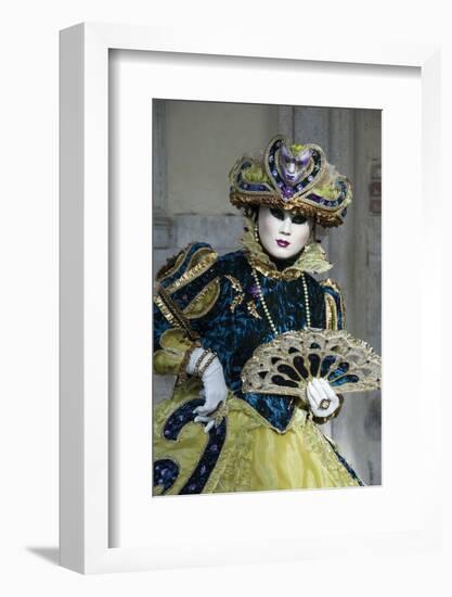 Lady in Blue and Gold, with Fan, Venice Carnival, Venice, Veneto, Italy, Europe-James Emmerson-Framed Photographic Print