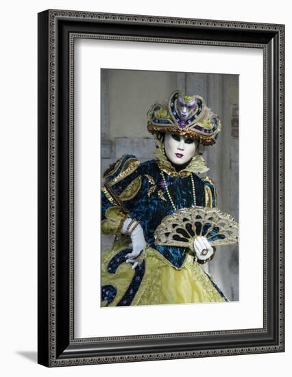 Lady in Blue and Gold, with Fan, Venice Carnival, Venice, Veneto, Italy, Europe-James Emmerson-Framed Photographic Print