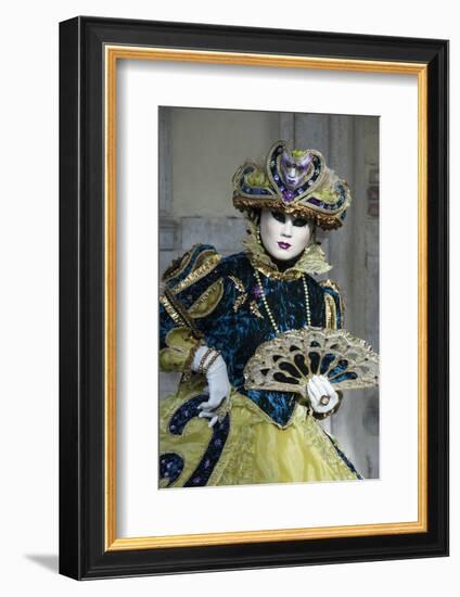 Lady in Blue and Gold, with Fan, Venice Carnival, Venice, Veneto, Italy, Europe-James Emmerson-Framed Photographic Print