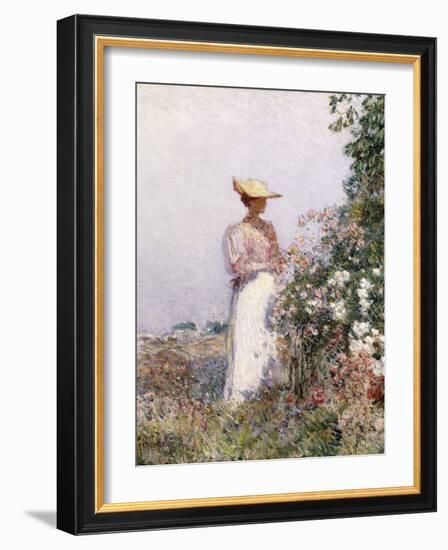 Lady in Flower Garden-Childe Hassam-Framed Giclee Print