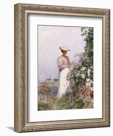 Lady in Flower Garden-Childe Hassam-Framed Giclee Print