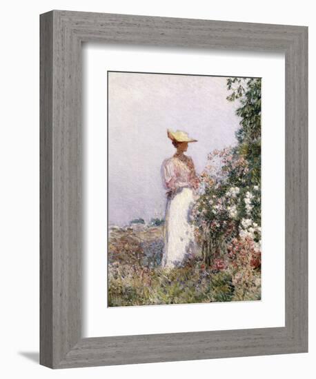 Lady in Flower Garden-Childe Hassam-Framed Giclee Print