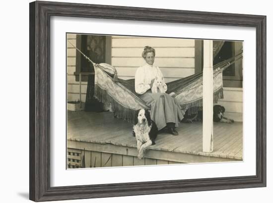 Lady in Hammock with Cat, Dogs-null-Framed Art Print