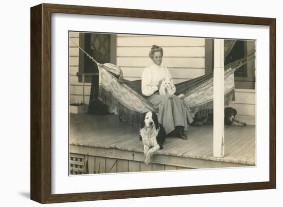 Lady in Hammock with Cat, Dogs-null-Framed Art Print