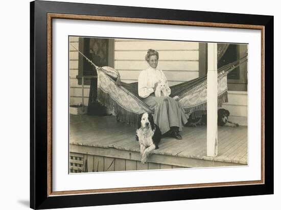 Lady in Hammock with Cat, Dogs-null-Framed Art Print