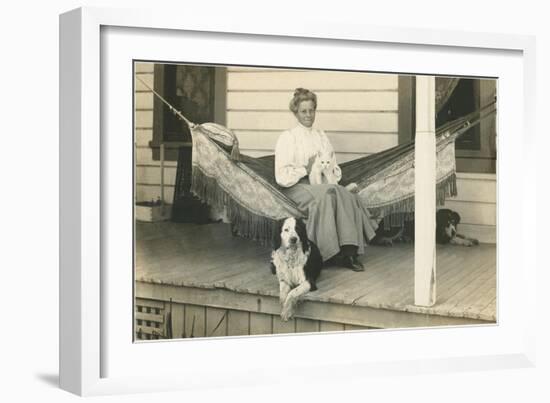 Lady in Hammock with Cat, Dogs-null-Framed Art Print