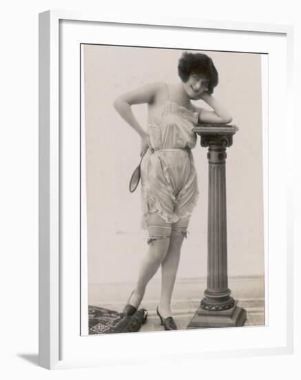 Lady in Her Undies and Gartered Stockings Leans Cheekily on a Pillar-null-Framed Photographic Print