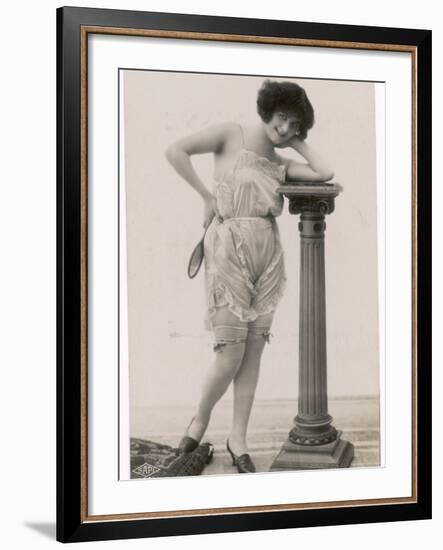 Lady in Her Undies and Gartered Stockings Leans Cheekily on a Pillar-null-Framed Photographic Print