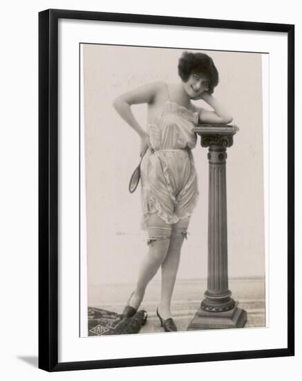 Lady in Her Undies and Gartered Stockings Leans Cheekily on a Pillar-null-Framed Photographic Print