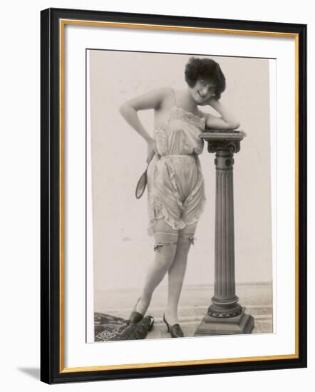 Lady in Her Undies and Gartered Stockings Leans Cheekily on a Pillar-null-Framed Photographic Print