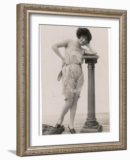 Lady in Her Undies and Gartered Stockings Leans Cheekily on a Pillar-null-Framed Photographic Print