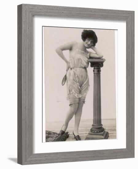 Lady in Her Undies and Gartered Stockings Leans Cheekily on a Pillar-null-Framed Photographic Print