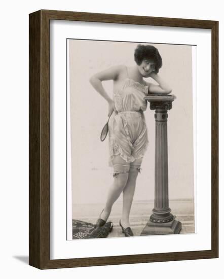 Lady in Her Undies and Gartered Stockings Leans Cheekily on a Pillar-null-Framed Photographic Print