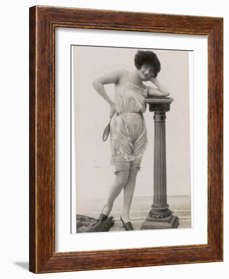 Lady in Her Undies and Gartered Stockings Leans Cheekily on a Pillar-null-Framed Photographic Print