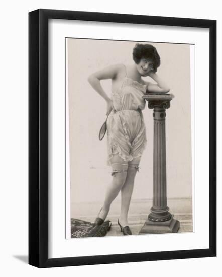 Lady in Her Undies and Gartered Stockings Leans Cheekily on a Pillar-null-Framed Photographic Print