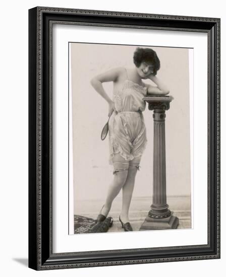 Lady in Her Undies and Gartered Stockings Leans Cheekily on a Pillar-null-Framed Photographic Print