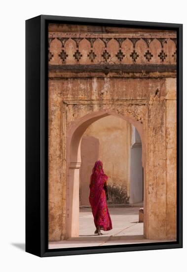 Lady in Traditional Dress Walking Through a Gateway in the Amber Fort Near Jaipur, Rajasthan, India-Martin Child-Framed Premier Image Canvas