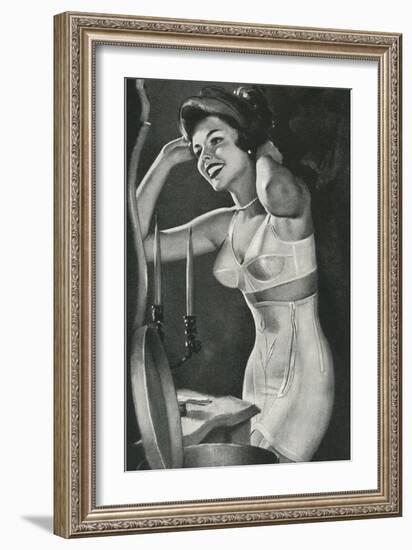 Lady in Underwear Trying on Hat-null-Framed Art Print