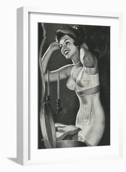 Lady in Underwear Trying on Hat-null-Framed Art Print