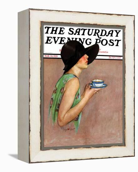 "Lady in Wide Brim Hat Holding Tea Cup," Saturday Evening Post Cover, March 24, 1928-Penrhyn Stanlaws-Framed Premier Image Canvas