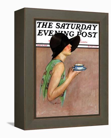 "Lady in Wide Brim Hat Holding Tea Cup," Saturday Evening Post Cover, March 24, 1928-Penrhyn Stanlaws-Framed Premier Image Canvas