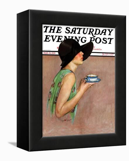 "Lady in Wide Brim Hat Holding Tea Cup," Saturday Evening Post Cover, March 24, 1928-Penrhyn Stanlaws-Framed Premier Image Canvas