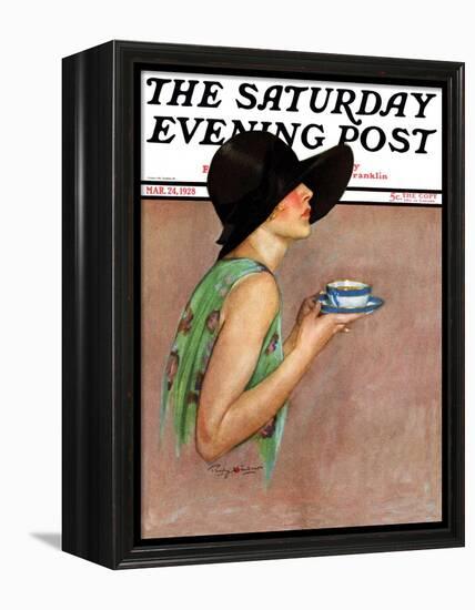 "Lady in Wide Brim Hat Holding Tea Cup," Saturday Evening Post Cover, March 24, 1928-Penrhyn Stanlaws-Framed Premier Image Canvas