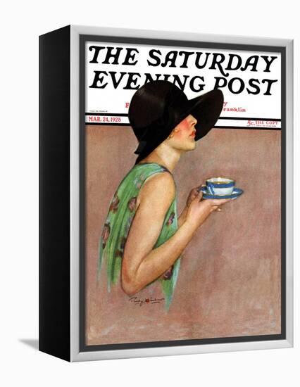 "Lady in Wide Brim Hat Holding Tea Cup," Saturday Evening Post Cover, March 24, 1928-Penrhyn Stanlaws-Framed Premier Image Canvas