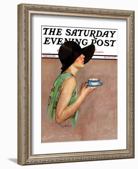 "Lady in Wide Brim Hat Holding Tea Cup," Saturday Evening Post Cover, March 24, 1928-Penrhyn Stanlaws-Framed Giclee Print