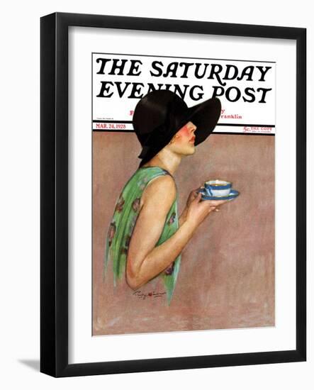 "Lady in Wide Brim Hat Holding Tea Cup," Saturday Evening Post Cover, March 24, 1928-Penrhyn Stanlaws-Framed Giclee Print