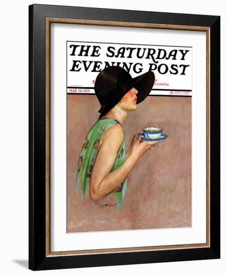 "Lady in Wide Brim Hat Holding Tea Cup," Saturday Evening Post Cover, March 24, 1928-Penrhyn Stanlaws-Framed Giclee Print