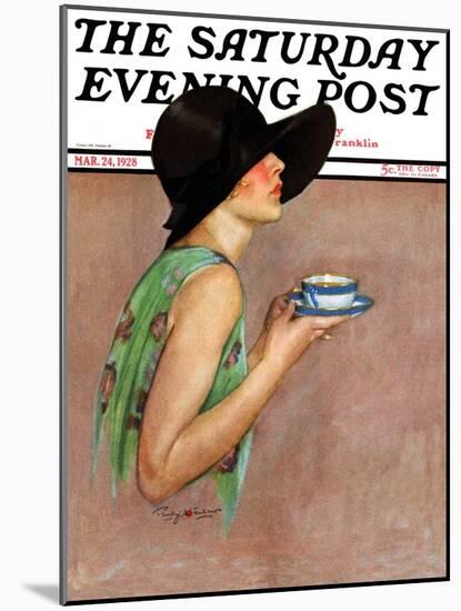 "Lady in Wide Brim Hat Holding Tea Cup," Saturday Evening Post Cover, March 24, 1928-Penrhyn Stanlaws-Mounted Giclee Print