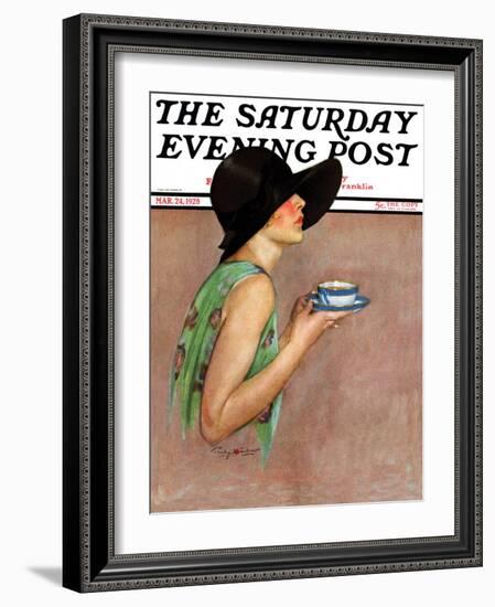 "Lady in Wide Brim Hat Holding Tea Cup," Saturday Evening Post Cover, March 24, 1928-Penrhyn Stanlaws-Framed Giclee Print