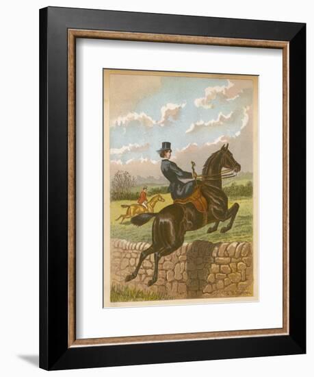 Lady Jumping a Wall Side Saddle on a Brown Horse-C.b. Herberte-Framed Photographic Print