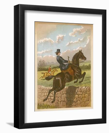 Lady Jumping a Wall Side Saddle on a Brown Horse-C.b. Herberte-Framed Photographic Print